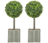 HOMCOM Set 2 Plantas Deco. artif. 50cm Bolas de boj Falsas Verde | Topiario, maceta de plástico trenzado y guijarros, plantas falsas, decoración para hogar u oficina