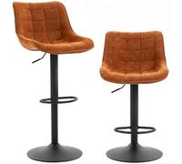 HOMCOM Set 2 Taburetes de Bar Regulables Giratorios 360° Marrón Naranja | Taburetes de cocina altos, reposapiés, respaldo, efecto terciopelo lino, base de acero al carbono, moderno para isla de bar