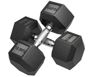 HOMCOM Set de 2 Mancuernas Hexagonales de 2 x 12,5 kg de Hierro Fundido Recubiertas en Goma para Entrenamiento en Casa Gimnasio
