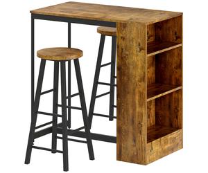 HOMCOM Set de Comedor con Mostrador de Bar con 3 Estantes y 2 Taburetes Altos con Reposapiés Estilo Industrial, Marrón Aosom España
