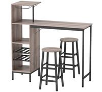 HOMCOM Set de Mesa Alta de 3 piezas con Espacio de Almacenamiento, Estantes de Vino, Portavasos, Taburetes con Reposapiés, para Espacios Pequeños, Gris