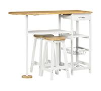 HOMCOM Set de Mesa de Bar con 1 Cajón 2 Estantes Cesta Extraíble y Botellero Juego de Muebles con Mesa Alta de 119x38,5x88,5 cm y 2 Taburetes de 29x29x55 cm para Comedor Cocina Blanco