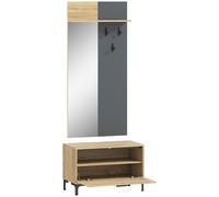 HOMCOM Set de perchero para recibidor, banco para zapatos, espejo, 3 ganchos, estante abierto, mueble para pasillo, madera natural+gris
