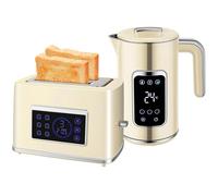 HOMCOM Set Desayuno con Pantalla LED Táctil, Hervidor de Agua 1,7L 2200W, Función Calor Constante, Tostadora de Pan de Ranura Ancha para 2 Rebanadas, 6 Niveles de Tostado, Crema