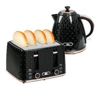 HOMCOM Set desayuno hervidor y tostador negro | 1.7L hervidor, tostador 4 rebanadas, 7 niveles, apagado automático, descongelación/recalentamiento, bandeja migas