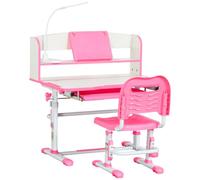 HOMCOM Set Escritorio Silla Infantil 6-12 años Acero MDF Rosa | Escritorio escolar ajustable en altura, tapa inclinable 45°, lámpara, cajón, estante, portalápices, atril.