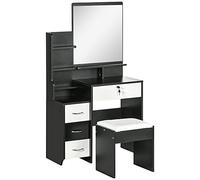 HOMCOM Conjunto de tocador mesa de maquillaje con taburete acolchado gran espejo + varios estantes abiertos + 4 cajones Blanco Negro Aosom España