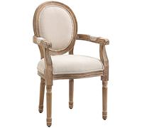 HOMCOM Silla de comedor Silla de salón medallón estilo Luis XVI madera maciza patinada tallada tela lino crema