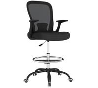 HOMCOM Silla de dibujo, silla de oficina alta ergonómica con reposabrazos abatible, respaldo de malla, soporte lumbar, anillo de pie ajustable, ruedas giratorias, para escritorio de pie, color negro