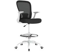 HOMCOM Silla de dibujo, silla de oficina alta ergonómica con reposabrazos abatible, respaldo de malla, soporte lumbar, anillo de pie ajustable, ruedas giratorias, para escritorio de pie, blanco y