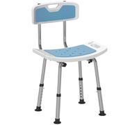 HOMCOM Silla de ducha para personas mayores y discapacitadas, con respaldo, asiento, altura ajustable, patines antideslizantes y soporte para cabezal de ducha, aluminio, azul