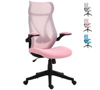 HOMCOM Silla de Escritorio Ergonómica de Malla Silla de Oficina Giratoria con Altura Ajustable Reposabrazos Abatibles y Función de Basculante Silla para Estudio Carga 120 kg Rosa