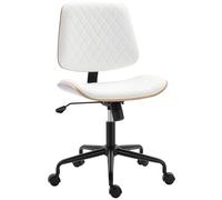 HOMCOM Silla de Escritorio sin Brazos, Silla de Oficina Giratoria, Tapizada en Cuero Sintético, con Respaldo Curvado, Asiento Forma U, Altura Ajustable, Basculante, Sillón de Maquillaje, Blanco