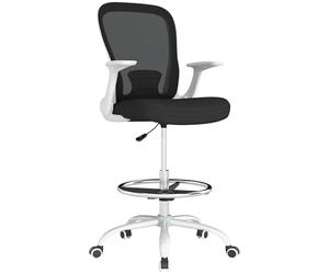 HOMCOM Silla de oficina alta ergonómica con reposabrazos abatibles, respaldo de malla, soporte lumbar, anillo de pie ajustable, ruedas giratorias, para escritorio de pie, blanco y negro