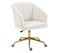 Homcom silla de oficina con ruedas, silla de escritorio de terciopelo con respaldo acolchado con costuras, asiento ancho, altura ajustable, espuma de alta resiliencia, para casa, oficina, crema 92.5 c