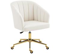 HOMCOM Silla de Oficina con Ruedas, Silla de Escritorio de Terciopelo con Respaldo Acolchado con Costuras, Asiento Ancho, Altura Ajustable, Espuma de Alta Resiliencia, para Casa, Oficina, Crema