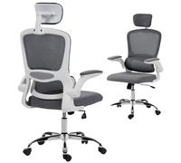 HOMCOM Silla de oficina ergonómica, respaldo alto de malla silla de escritorio de ordenador con reposacabezas ajustable y soporte lumbar, Flip-up apoyabrazos para la oficina en casa, gris carbón