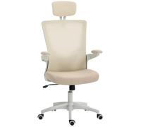 HOMCOM Silla de oficina ergonómica, silla de oficina con altura ajustable, soporte lumbar, reposacabezas, reposabrazos elevables, función basculante, giratoria 360° y ruedas, color beige