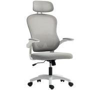 HOMCOM Silla de oficina ergonómica, silla de oficina de malla con apoyabrazos abatibles, altura ajustable, soporte lumbar y reposacabezas ajustables, giratorio 360°, función basculante, gris
