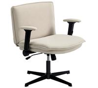 HOMCOM Silla de Oficina Piernas Cruzadas con Reposabrazos Abatible Asiento Ancho sin Ruedas Altura Ajustable Giratoria Crema