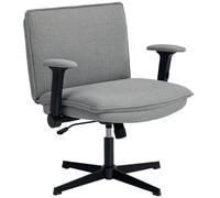 HOMCOM Silla de Oficina Piernas Cruzadas, Silla de Escritorio con Reposabrazos Abatible, Asiento Ancho, sin Ruedas, Altura Ajustable, Giratoria, Función Basculante, Tapizada en Lino, Gris