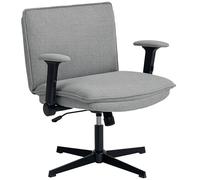 HOMCOM Silla de Oficina Piernas Cruzadas, Silla de Escritorio con Reposabrazos Abatible, Asiento Ancho de 63 cm, sin Ruedas, Altura Ajustable, Giratoria, Función Basculante, Tapizada en Lino, Gris