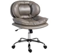 HOMCOM Silla de Oficina Piernas Cruzadas, Silla de Escritorio sin Brazos con Asiento Ancho, Ruedas, Altura Ajustable, Doble Acolchado, Giratoria, Función Basculante, Tapizada en PU, Gris Oscuro