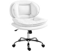 HOMCOM Silla de Oficina Piernas Cruzadas, Silla de Escritorio sin Brazos con Asiento Ancho, Ruedas, Altura Ajustable, Doble Acolchado, Giratoria, Función Basculante, Tapizada en PU, Blanco