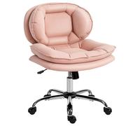 HOMCOM Silla de Oficina Piernas Cruzadas, Silla de Escritorio sin Brazos con Asiento Ancho, Ruedas, Altura Ajustable, Doble Acolchado, Giratoria, Función Basculante, Tapizada en PU, Rosa