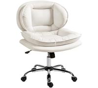 HOMCOM Silla de Oficina Piernas Cruzadas, Silla de Escritorio sin Brazos con Asiento Ancho, Ruedas, Altura Ajustable, Doble Acolchado, Giratoria, Función Basculante, Tapizada en PU, Gris Claro