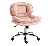 Homcom silla de oficina piernas cruzadas, silla tocador sin brazos con asiento ancho, ruedas, altura ajustable, doble acolchado, giratoria, función basculante, tapizada en pu, rosa