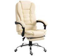 HOMCOM Silla de Oficina Reclinable con Reposapiés Altura Ajustable Crema | Silla de Escritorio Giratoria, Tapizada en PU, con Reposabrazos, para Estudio