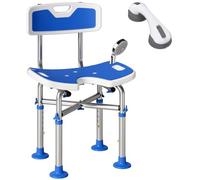 HOMCOM Silla Ducha Personas Mayores con Respaldo Barra con Ventosa | Taburete de Ducha Antideslizante, Asiento en U, Altura Ajustable en 5 Posiciones, Soporte para Alcachofa, Carga 150 kg