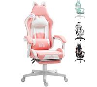HOMCOM Silla Gaming con Orejas Silla Gamer Reclinable 135° con Altura Ajustable Reposapiés Retráctil Soporte Lumbar y Reposacabezas Desmontable Silla para Oficina Estudio Rosa