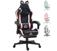 HOMCOM Silla Gaming con Orejas Silla Gamer Reclinable 135° con Altura Ajustable Reposapiés Retráctil Soporte Lumbar y Reposacabezas Desmontable Silla para Oficina Estudio Negro