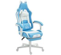 HOMCOM Silla Gaming Ergonómica con Orejas de Gato, Sillón Gaming Oficina Reclinable de Piel Sintética con Reposapiés, Reposacabezas y Altura Ajustable, Soporte Lumbar y Cervical, Azul