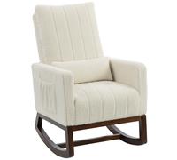 HOMCOM Silla Mecedora con Cojín Lumbar Tapizada en Franela de Nieve Respaldo Alto Base de Madera Bolsillos Laterales Crema