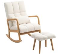 HOMCOM Silla Mecedora con Reposapiés, Sillón de Relax Tapizado en Bouclé con Cojín Acolchado, Respaldo Ergonómico, Reposabrazos y Patas de Madera, Carga 120 kg, para Salón, Dormitorio, Blanco