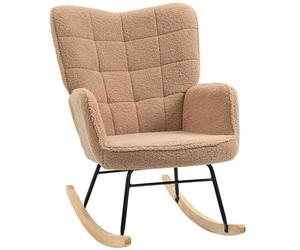 HOMCOM Silla mecedora de interior acolchada, sillón balancín relax de forro polar bereber con reposabrazos, estructura de acero y patas de madera de haya, para salón y dormitorio, marrón