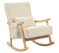 HOMCOM Silla Mecedora de Pana, Cojín Lumbar, Asiento Ancho, Beige | Patas y Reposabrazos de Madera, Bolsillo, Estilo Moderno, Sillón de Relax, Carga 120 kg, para Dormitorio, Salón