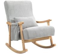 HOMCOM Silla Mecedora de Pana, Cojín Lumbar, Asiento Ancho, Gris | Patas y Reposabrazos de Madera, Bolsillo, Estilo Moderno, Sillón de Relax, Carga 120 kg, para Dormitorio, Salón