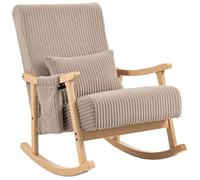 HOMCOM Silla Mecedora de Pana, Cojín Lumbar, Asiento Ancho, Marrón Claro | Patas y Reposabrazos de Madera, Bolsillo, Estilo Moderno, Sillón de Relax, Carga 120 kg, para Dormitorio, Salón