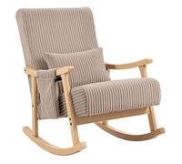 HOMCOM Silla Mecedora, Mecedora de Pana con Cojín Lumbar, Patas y Reposabrazos de Madera, Asiento Ancho, Bolsillo, Estilo Moderno, Sillón de Relax, Carga 120 kg, para Dormitorio, Salón, Marrón Claro