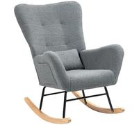 HOMCOM Silla Mecedora Moderna Tapizada en Terciopelo de Teddy Gris | Respaldo Acolchado Alto, Almohada, Patas de Madera, Bolsillo Lateral, para Dormitorio, Salón