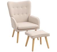 HOMCOM Sillón con Reposapiés Sillón Lectura con Respaldo Alto Capitoné Asiento Amplio Patas de Madera y Tapizado en Lino Butaca para Salón Dormitorio Oficina Beige