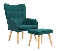 HOMCOM Sillón con Reposapiés Sillón Lectura con Respaldo Alto Capitoné Asiento Amplio Patas de Madera y Tapizado en Lino Butaca para Salón Dormitorio Oficina Verde Oscuro