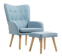 HOMCOM Sillón con Reposapiés Sillón Lectura con Respaldo Alto Capitoné Asiento Amplio Patas de Madera y Tapizado en Lino Butaca para Salón Dormitorio Oficina Azul Claro