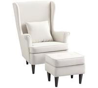 HOMCOM Sillón con Reposapiés Sillón Lectura con Respaldo Alto Capitoné Patas de Madera Almohada Acolchada y Tapizado en Lino Butaca para Salón Dormitorio Oficina Beige