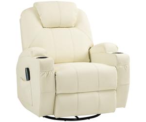 HOMCOM Sillón de relax con función de masaje, respaldo ajustable, giratorio, hasta 150 kg, cuero sintético, Blanco crema
