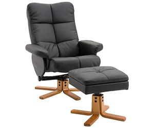 HOMCOM Sillón de Relax con Taburete y Espacio de Almacenamiento, con función reclinable, Giratorio 360°, Piel sintética, Estructura de Madera, Color Negro, 80 x 86 x 99 cm
